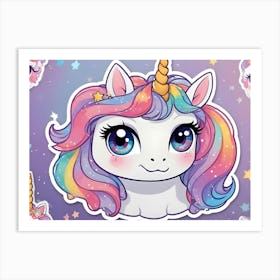 A Cute And Whimsical Illustration Of A Unicorn With A Rainbow Mane And Horn Art Print