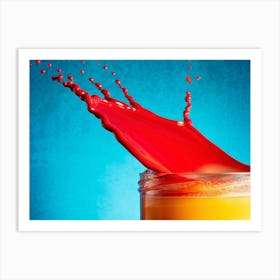 3d Lifelike Milk Flowing With Drops In Shades Of Red Yellow Blue And Orange Against A Turquoise B Art Print