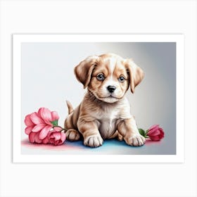 Puppy With Flowers Art Print