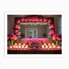 A Mirror Decorated With Pink Peonies And Candles, Creating A Romantic And Elegant Atmosphere Art Print