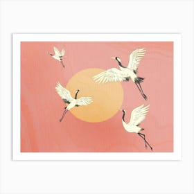 Pink Japanese flying birds across the sun Art Print