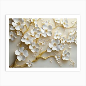 3d Floral Tree With White Flowers And Delicate Leaves On Golden Stems Art Print