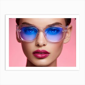 Close Up Portrait Of A Model With Striking Blue Eyes Accented By Pink Glasses That Reflect A Glimme Art Print