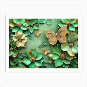 Green Flowers And Butterflies Art Print