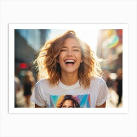 Confident Young Woman Mid Laugh Stylish T Shirt Emblazoned With A Trendy Graphic Positioned Cente (1) Art Print