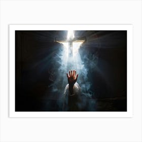 An Ultra Realistic Depiction Of A Hand Raised In A Gesture Of Prayer Emerging From Darkness Into A (3) Art Print