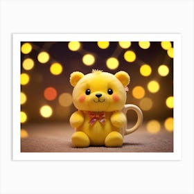 Yellow Plush Bear With A Bow On A Brown Background Art Print