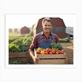 Smiling Farmer Holding A Crate Of Fresh Produce In A Field 10 Art Print