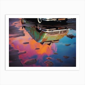 Vintage Alien Car Reflection In A Pink Puddle Art Print