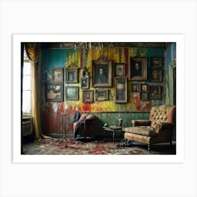 Interior Of A Vintage Horror Inspired Room With Rainbow Hued Aged Grunge Wallpaper Peeling Away To (3) Art Print