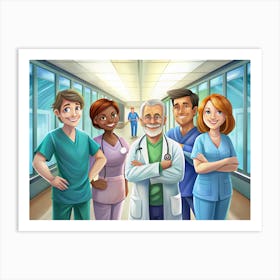 Group Of Diverse Healthcare Professionals In Hospital Corridor Art Print