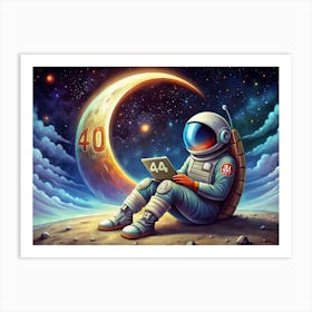 Astronaut Working On Laptop On Moon Art Print