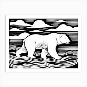 Polar Bear Cavorting In The Arctic Expanse Linocut Art, animal art, 175 Art Print