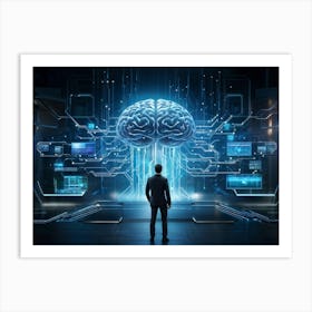 Abstract Cyber Concept Art Featuring A Human Brain At The Center Of Innovation Connected With Futur (1) Art Print