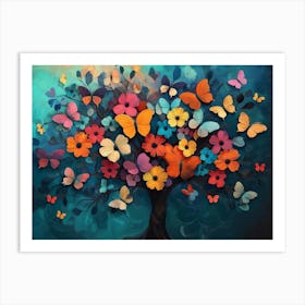 Multicolor Flower With Leaves And Butterflies Above On The Tree Illustration Background Art Print