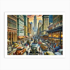 Vintage City Street Scene With Cars And People Art Print