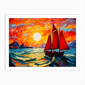 Boat In Light Red Seas Art Print