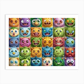 Collection Of 25 Cute Monster Faces With Different Expressions Art Print