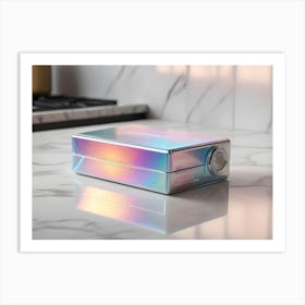 A Rectangular, Metallic Box With A Holographic Finish, Sitting On A White Marble Surface Art Print