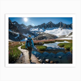 Woman trekking at snowy winter Alps, Rocky Mountains 10 Art Print