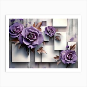 3d Flowers with Purple Rose Flowers with Squares Art Print