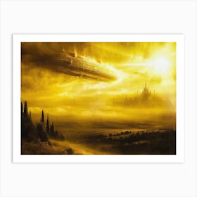 Cyberpunk airship heading for the city Art Print