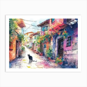 Izmir, Turkey   Cat In Street Art Watercolour Painting 3 Art Print