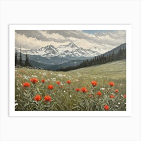Vintage Oil Painting of indian Paintbrushes in a Meadow, Mountains in the Background 12 Art Print
