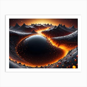 A Black Sphere With Glowing Orange Edges Is Partially Submerged In A Landscape Of Gray Mountains And Lava Like Formations Art Print