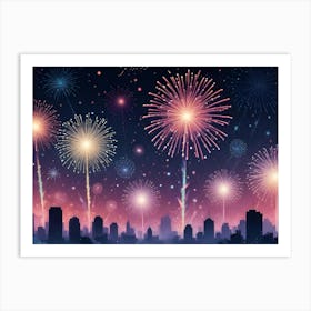 Watercolor Illustration Of Colorful Fireworks Exploding In The Night Sky Over A Silhouetted Cityscape Art Print