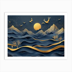 3d Modern Art With Dark Blue And Golden Wave Background Art Print