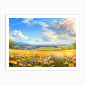Amazing Meadow Covered In Dandelion Under Blue Sky Art Print
