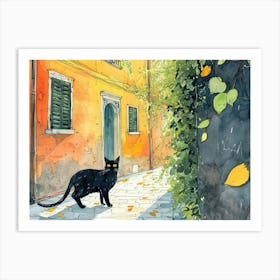 Black Cat In Milano, Italy, Street Art Watercolour Painting 1 Art Print