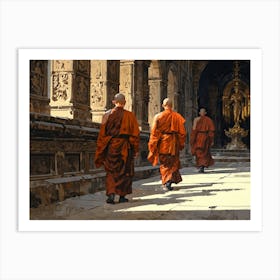 Monks Walking In A Temple Art Print