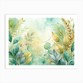 Watercolor Painting Of Green And Gold Leaves Art Print