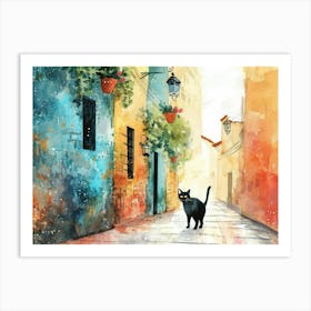 Black Cat In Latina, Italy, Street Art Watercolour Painting 3 Art Print
