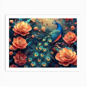 Peacock And Roses Art Print