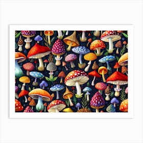 Seamless Pattern Of Colorful Mushrooms On Dark Background Art Print