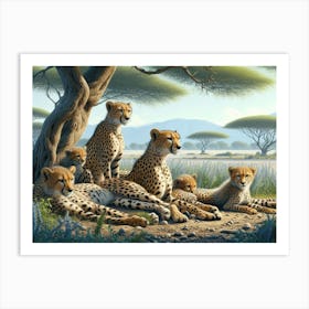 A family of cheetahs resting under the shade of an acacia tree 2 Art Print