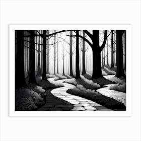 Black And White Forest Path, black and white art, forest landscape Art Print