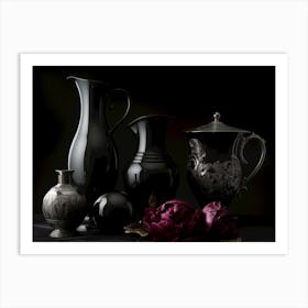 Black absolute, trending black still life with Bordo peony. Livingroom print art Art Print