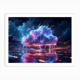 Intense Lightning Storm Illuminating The Night Sky With Vibrant Colors, Reflected In The Water Below Art Print