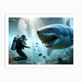 Scuba Diver And Great White Shark 2 Art Print