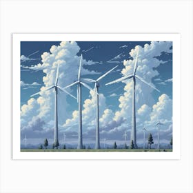 Wind Turbines Against A Blue Sky And White Clouds Art Print