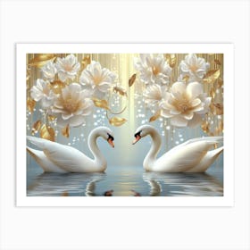 3d Swans and Flowers Art Print