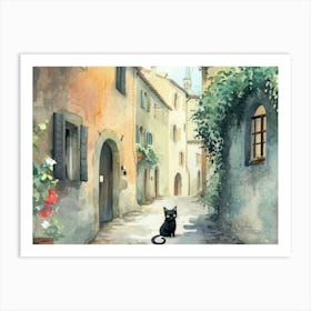 Black Cat In Brescia, Italy, Street Art Watercolour Painting 3 Art Print