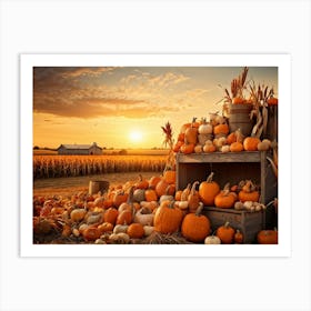 A Vintage Style Autumn Harvest Composition Showcasing Piles Of Pumpkins And Corn Cobs Scattered In (5) Art Print