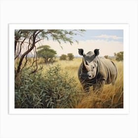 Black Rhinoceros Grazing In The African Savannah Realism 2 Art Print