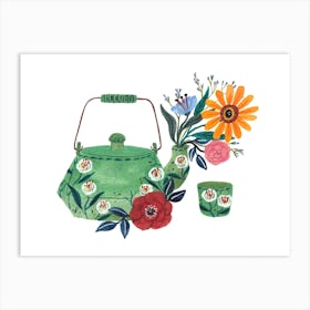 Teapot And Floral Art Print