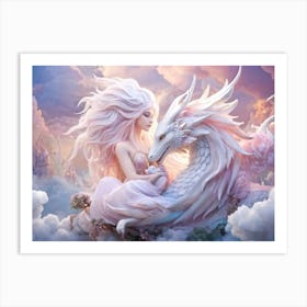 Mother Dragon Protecting Her Slumbering Winged Baby Curled Amongst Clouds Body Dusted In Powdered Art Print